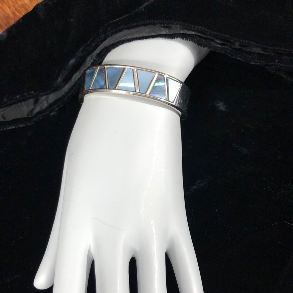 Contemporary Silver Hinged Bangle With Iridescent… - image 1